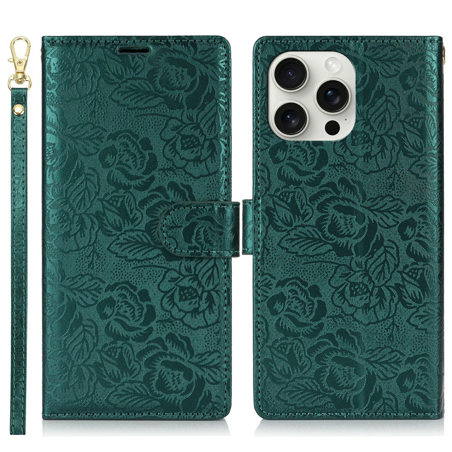 

For iPhone 15 Pro Max Case with Hand Strap Flower Imprint Leather Wallet Phone Cover Green