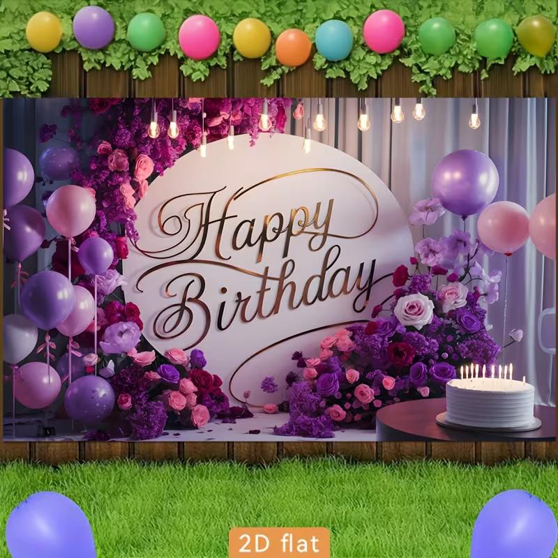 2D Elegant Purple Flower Happy Birthday Photography Background