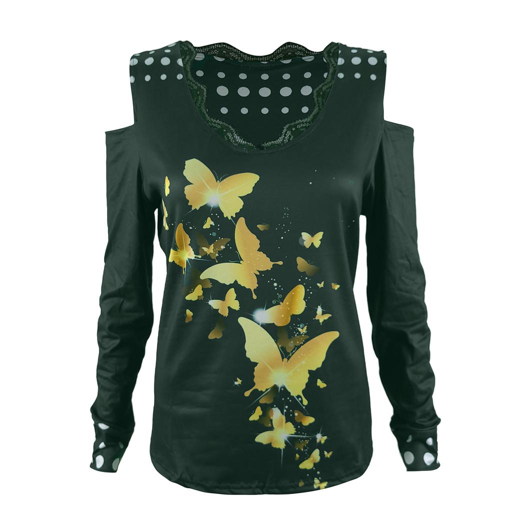 Women's Long Sleeve Sexy Butterfly Printed V-neck Lace Strapless T-shirt Blouse Top