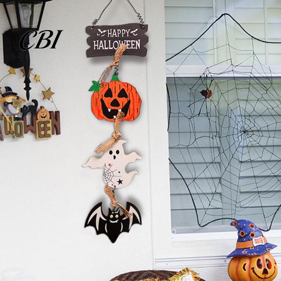 Retro Distressed Holiday Plaque Happy Halloween Wooden Sign, Spooky Pumpkin Ghost Cat Bat Door Hanger, Wall Decor Rustic Farmhouse Hanging Sign