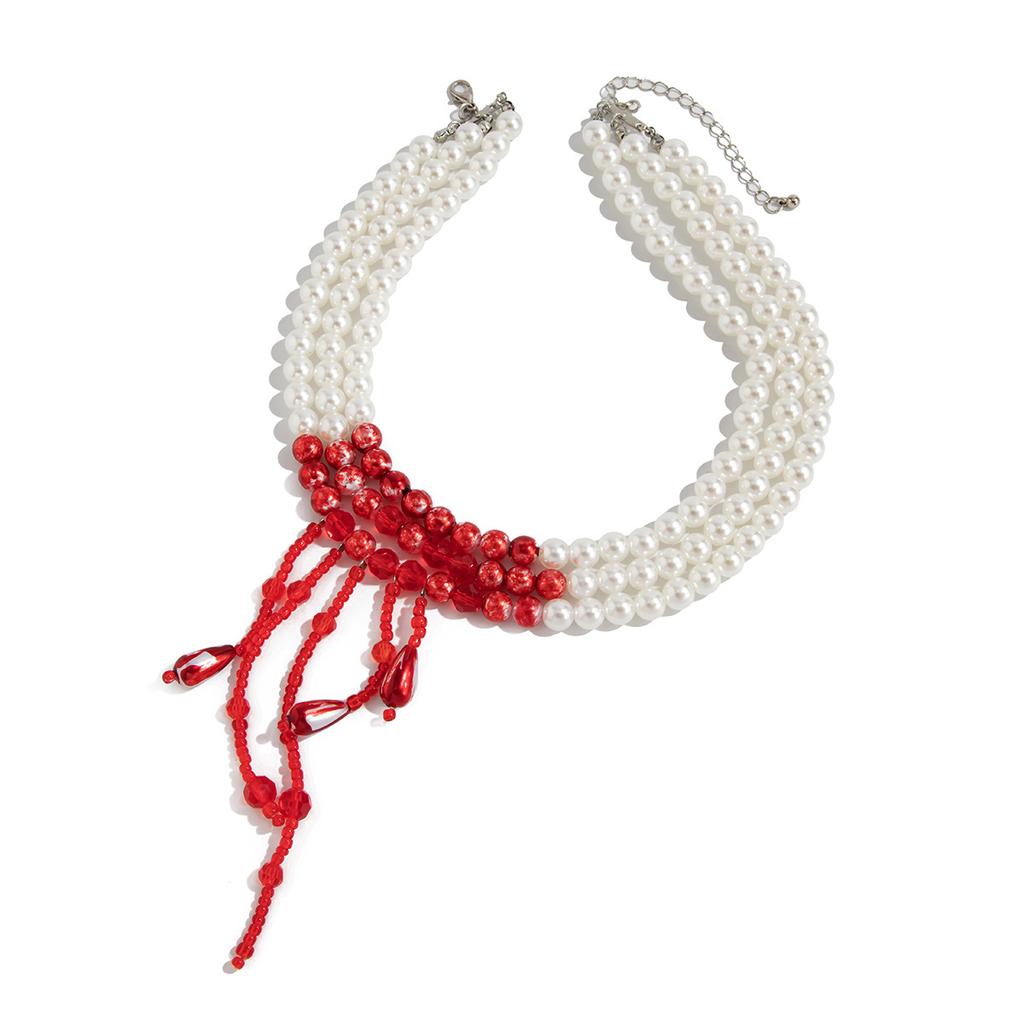 Creative Halloween Blood-Dripping Fringe Necklace, Gothic Blood-Stained Imitation Pearl Beaded Collarbone Necklace