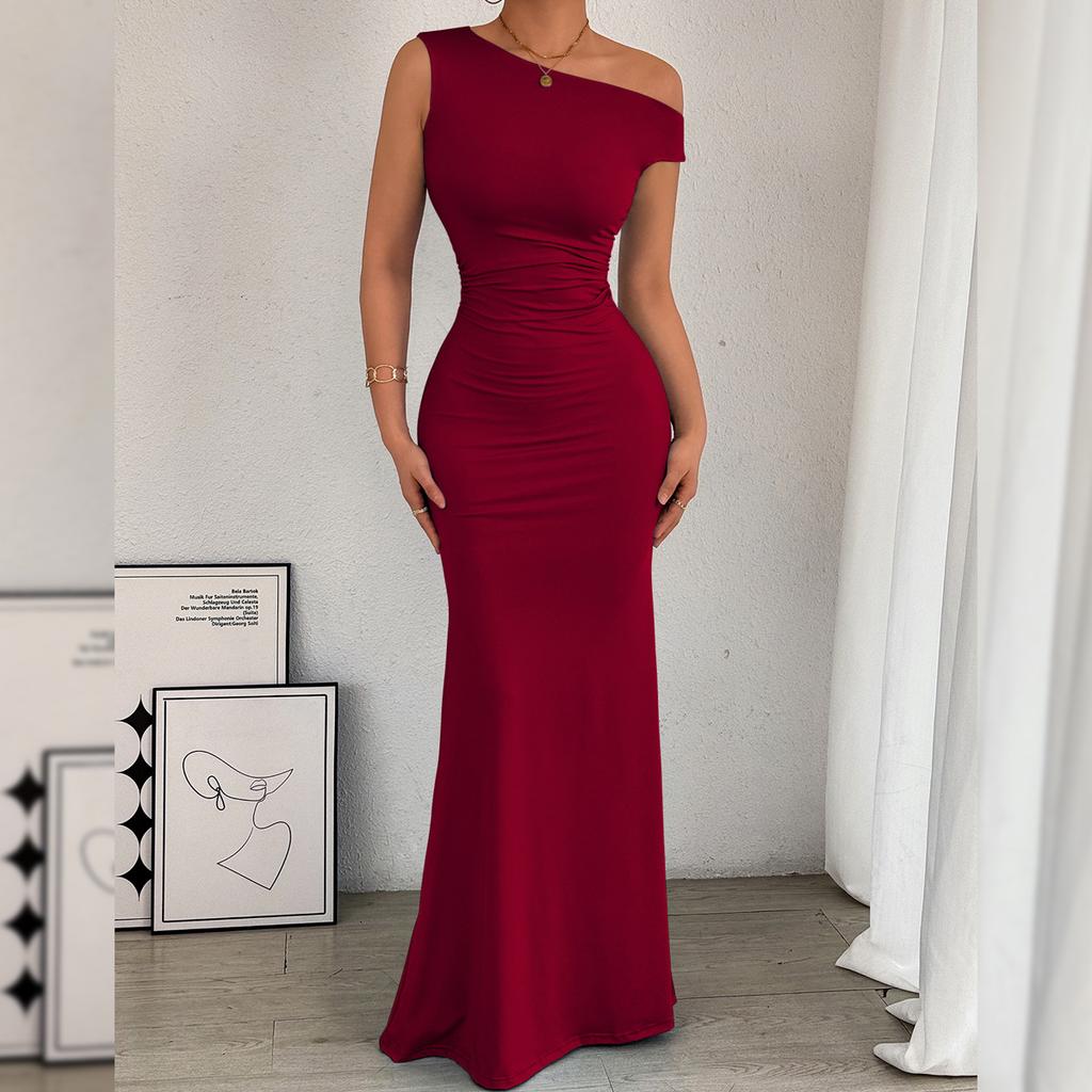 European and American Women's Fishtail Skirt with Sloping Shoulder Collar and Sleeveless Sexy Dress