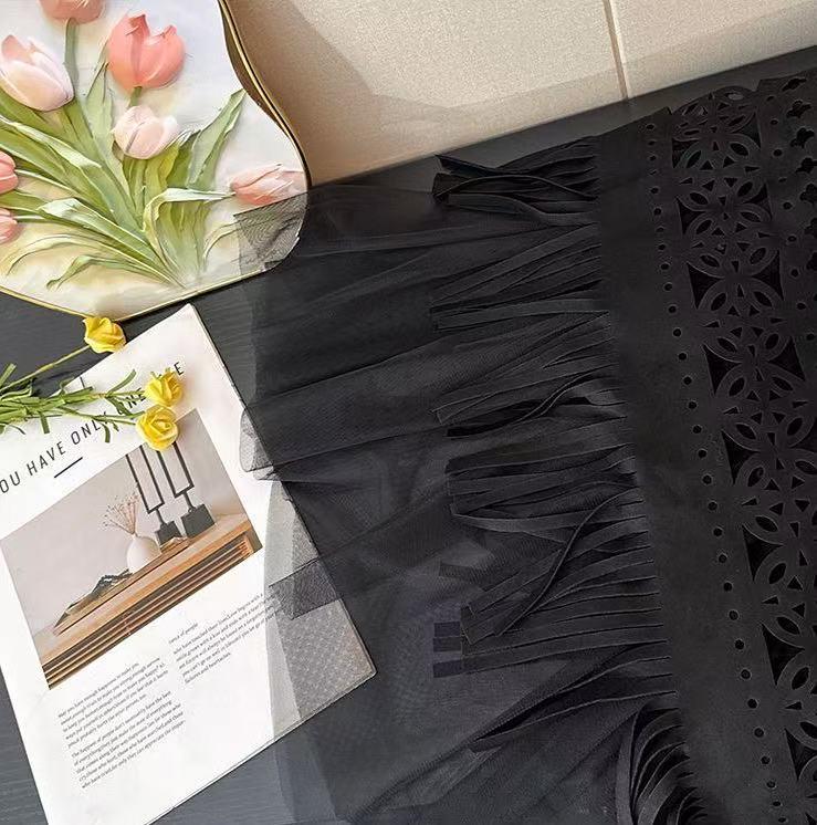 Women's High-Waisted Black Mesh Midi Skirt - A/W Fluffy A-Line Design