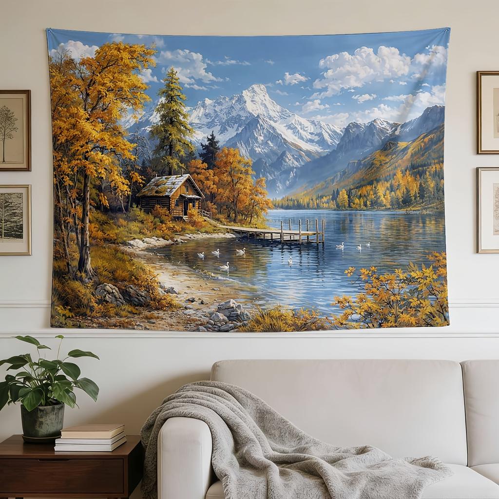 A Stylish Tapestry, Autumn Scene, Cabin, Mountains.,perfect for Sprucing up Wall Decor in Homes, Dorms and Bedrooms.