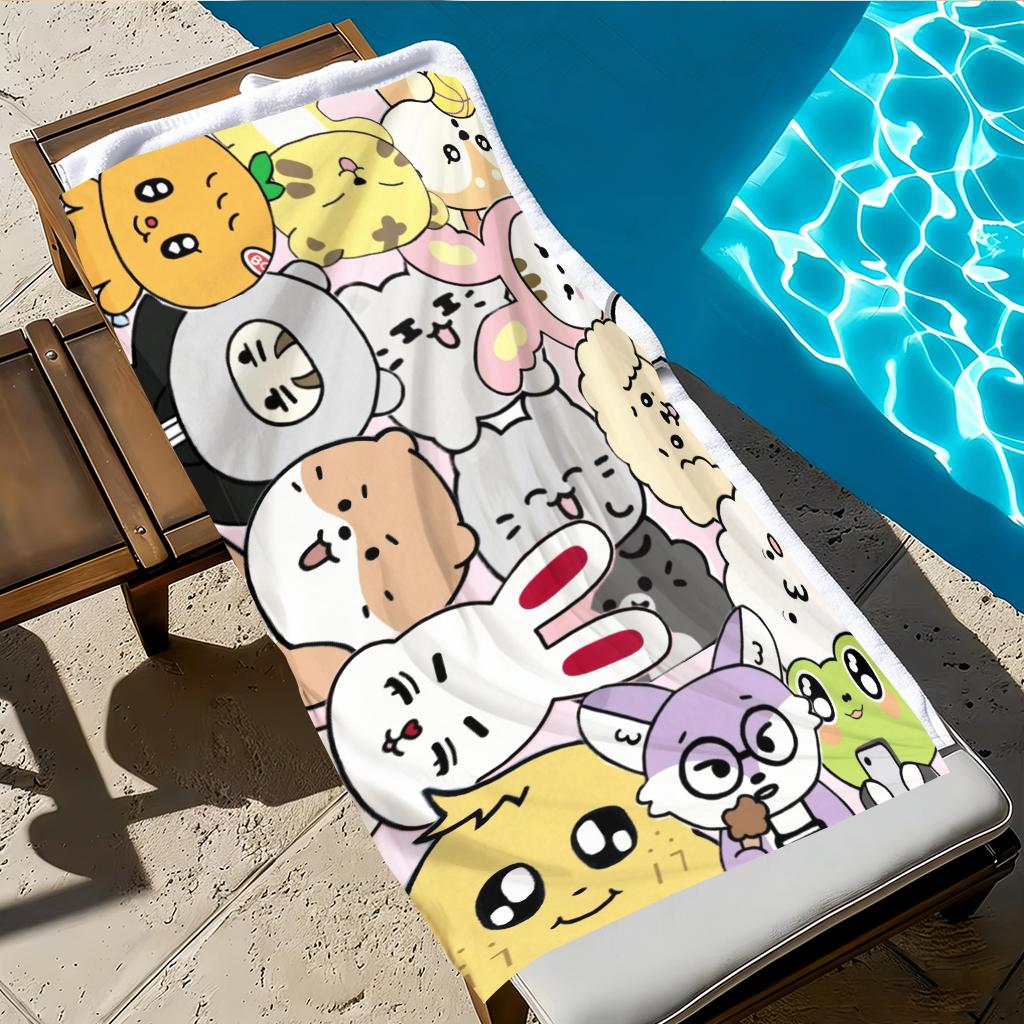 Kawaii kpop Animal Squad Beach Towel, Cute Cartoon Doodle Cats & Bunnies Quick-Dry Towel