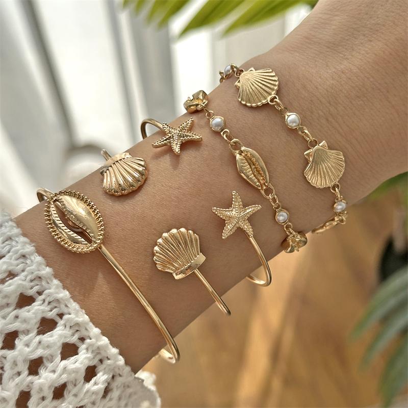 Starfish Shell Bracelet Cuff 5-Piece Set Summer Ocean Style Accessory Holiday Gift Vacation Accessory