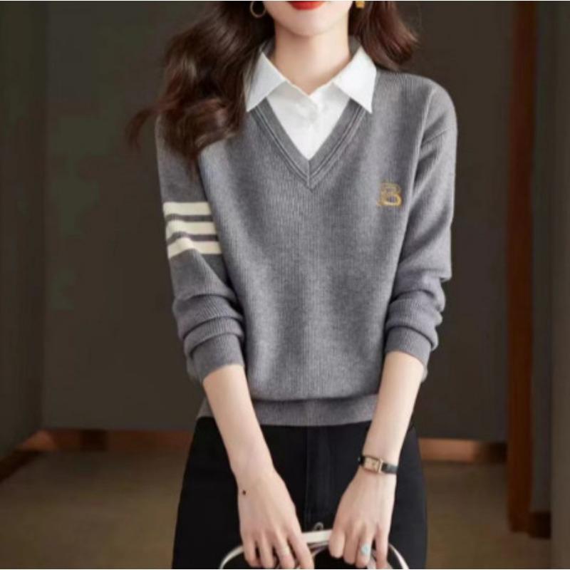 Autumn and winter new shirt collar knitted fake two-piece sweater women's fashion versatile long-sleeved knitted top bottoming shirt
