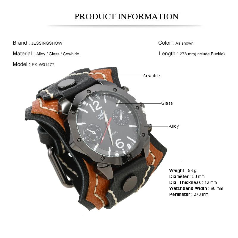 Men'S Punk Rock Style Large Dial Quartz Watch Vintage Multi Layer Hand Stitched Cowhide Strap