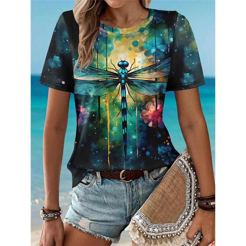 Retro Gradient Tie Dye Dragonfly Print Round Neck Women's T-shirts Casual Fashion Short Sleeved Top