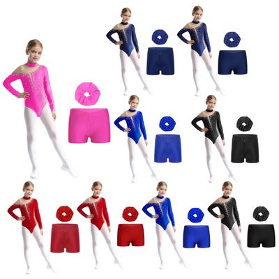 Kids Girls Ballet Dance Leotard With Body Shorts Hair Band Long Sleeve Workout Outfits Gymnastics Jersey Bodysuit Clothes