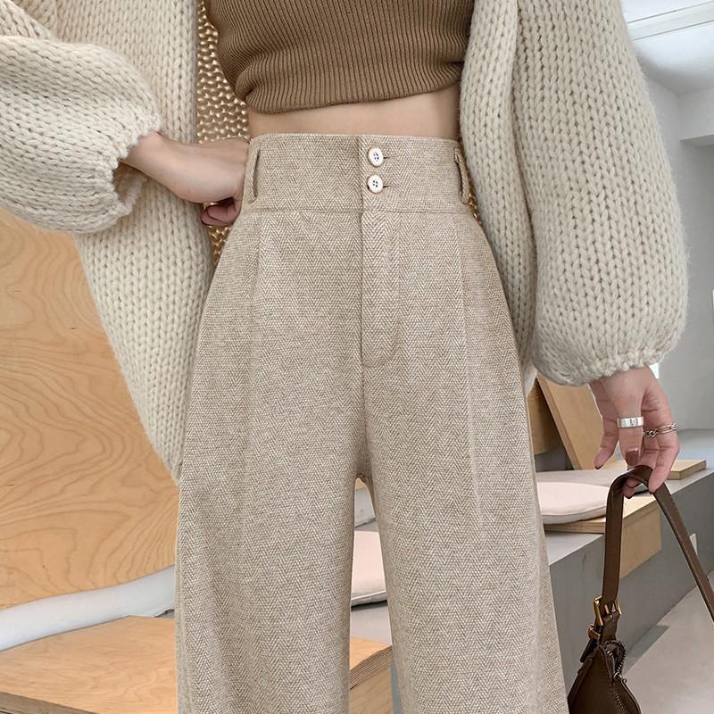Womens Herringbone Wool Blend Wide Leg Trousers High Waist Straight Cut Casual Pants 2026
