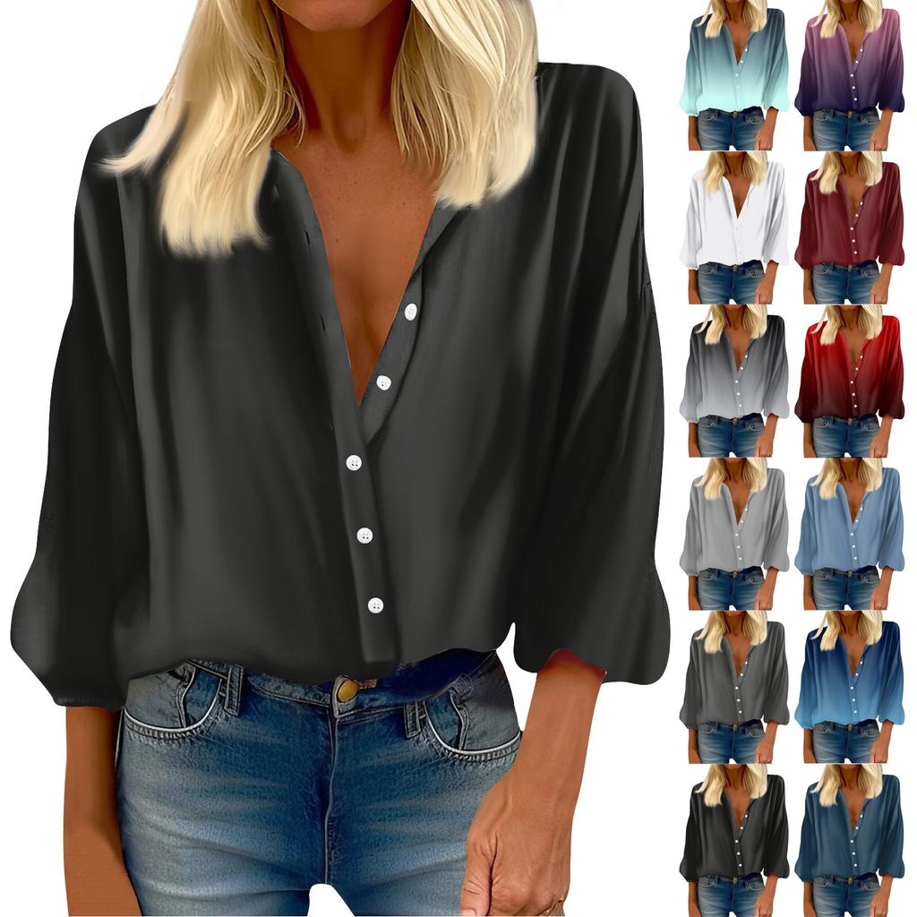 Cămașă de damă Bluză imprimată cu nasturi Casual Vintage Fashion Crewneck Top cu mâneci 3/4