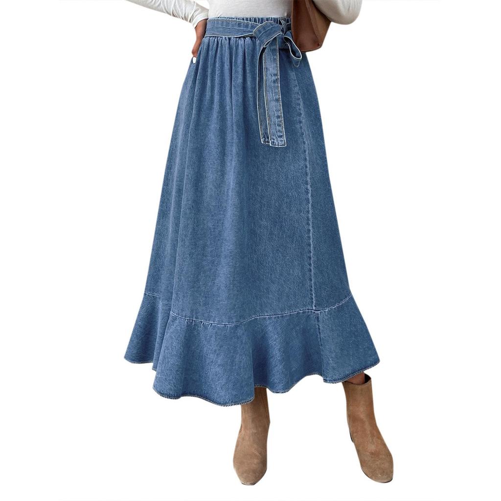 High-Waist Denim Midi Skirt with Ruffle Pleats for Women