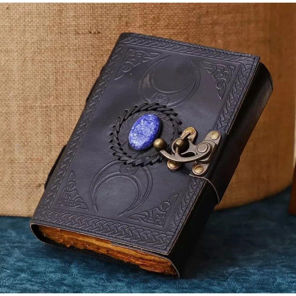 Handmade Black Leather Triple Moon with Blue Stone Journal Unlined paper Dairy