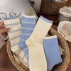 Spring and Summer Women's Socks: Cotton, Light and Fresh, Light Blue Striped Fabric Label, Mid-calf Pile Socks, Sweet Girl Socks