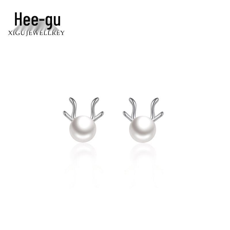 Higu S925 Silver Reindeer Pearl Stud Earrings - Christmas Antler Design