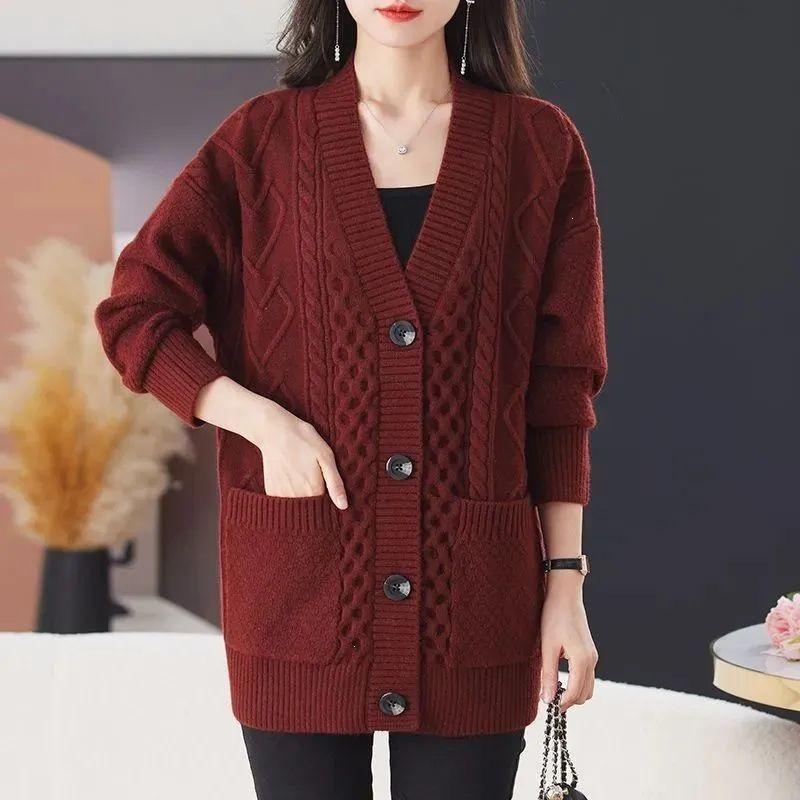 2026 A/W Women's V-neck Knit Cardigan - Mid-length, Solid Color, Loose Fit Sweater Coat