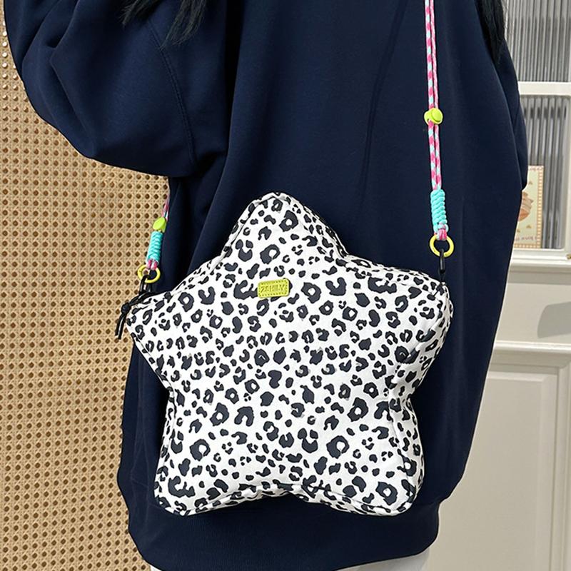 Rucksack in Sternform mit Leopardenmuster, verstellbarem Riemen, lässiger Schultertasche aus Nylon für Reisen, Shopping und Partys KTY