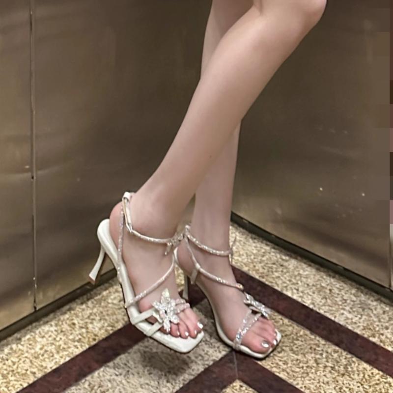 Fashion Butterfly Crystal Women's Sandals Luxury High Heels Shoes Summer 2025 Elegant Wedding Dress Shoes Square Toe Sandalias De Mujer