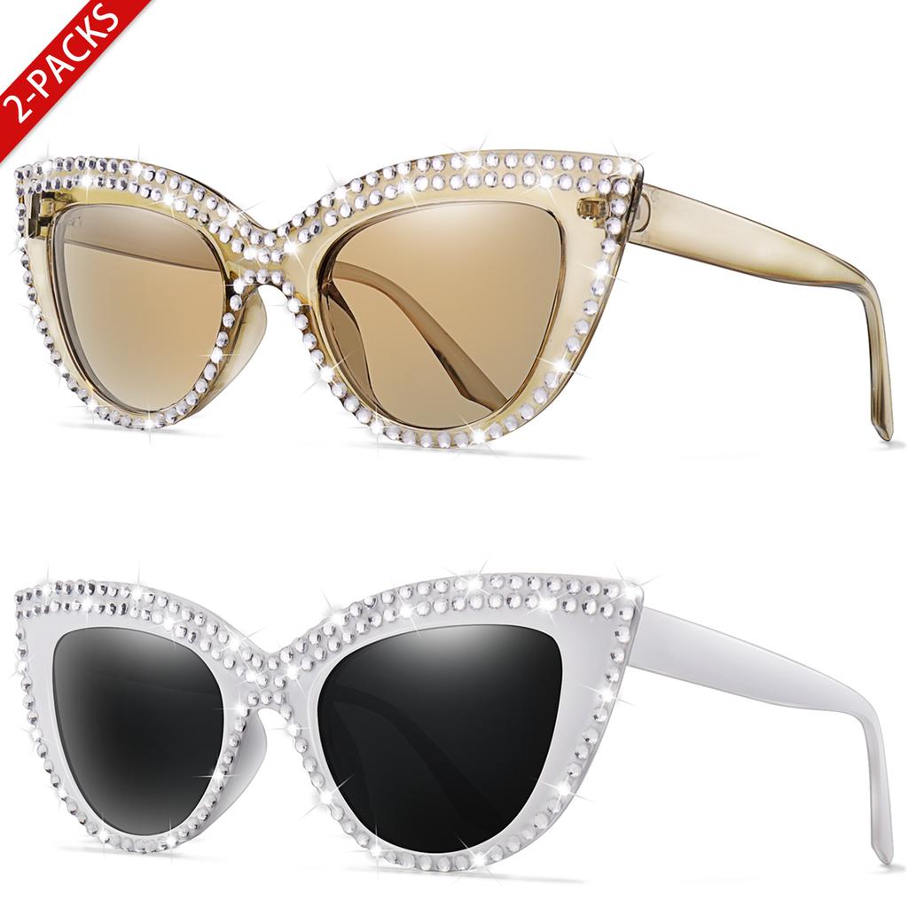 2 Pairs Trendy Glasses for Women Cat Eye Limation Diamond Beautiful Streetwear Decoration Eyewear for Party, Travel Vocation