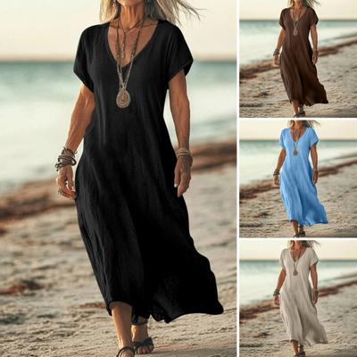 Women's Cotton Linen Maxi Dress Casual Short Sleeve V-Neck Long Dress Summer Beach Vacation Swing Sundress