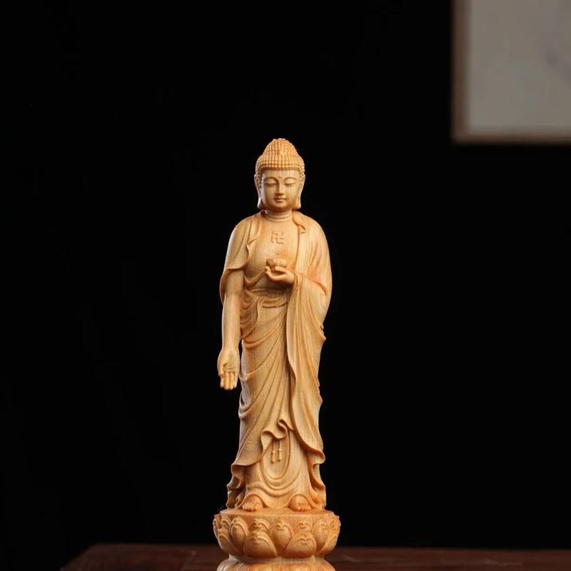 Boxwood Buddha Statue Stand, Amitabha Bodhisattva Buddha Household and Office Decoration, Avalokitesvara, Guanyin Sculpture, 1Pc