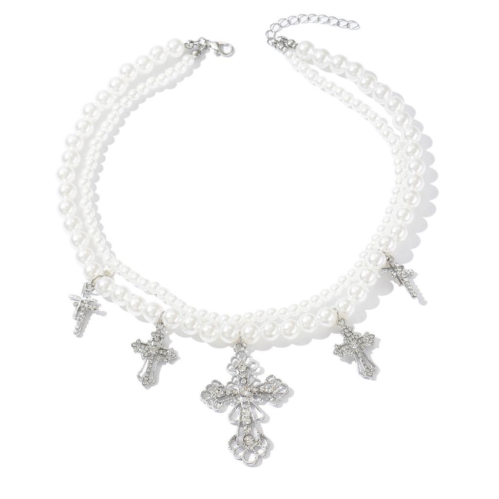 

Artificial Pearl Layered Necklace With Cross Pendant For Women Summer Trendy Jewelry