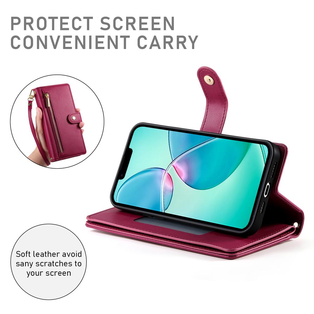 DF-011 For iPhone 16e Case Zipper Wallet PU Leather Crossbody Phone Bag
