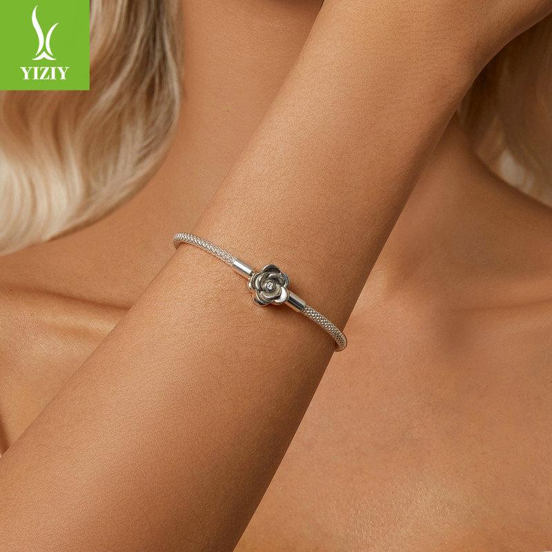 Rose Diy Basic Bracelet, Exquisite Versatile Flower S925 Sterling Silver Snake Bone Chain Bracelet