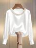 Elegant Solid Color Beaded Satin Long Sleeve Blouse, New 2025 Style
