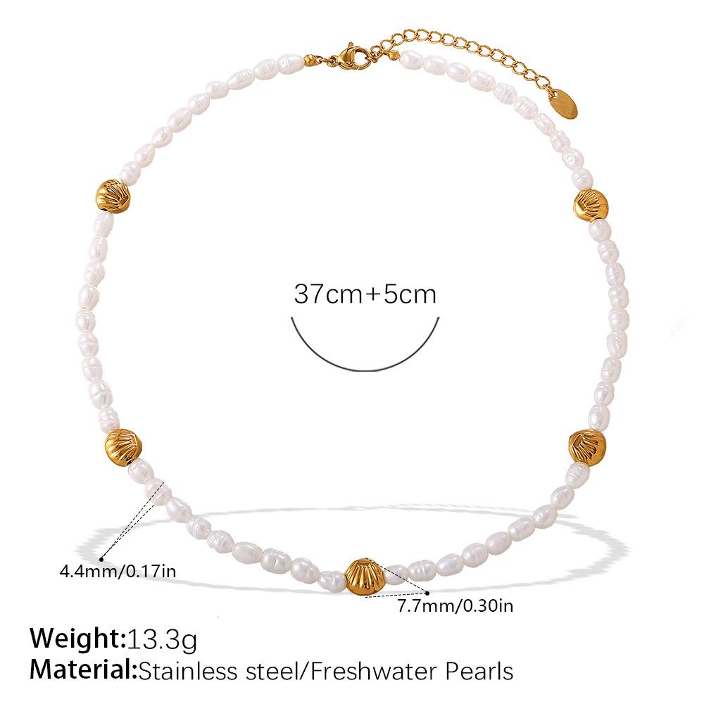 French Seaside Beach Wind Shell Gold Bean Natural Freshwater Pearl Bracelet Necklace Stainless Steel Gold-plated Set