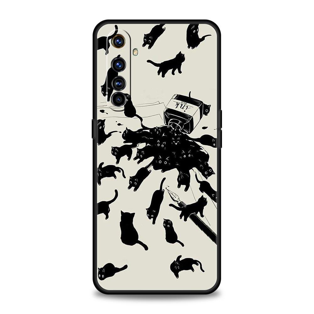 Cartoon Cat Phone Case For Realme 12 11 10 6 7 9 Pro Plus 8 5G C35 8i 9i GT2 GT3 GT5 GT Neo 2 3 5 Black Cover Soft Shell