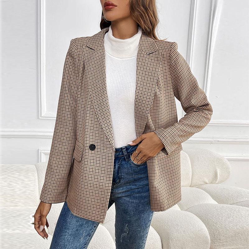 2026 Autumn/Winter Women s Slim-Fit Millefiori Brown Houndstooth Suit Jacket Extra Large хаки