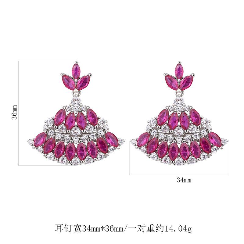 Cross Border Zircon Earrings Luxury Red Tourmaline Fan-shaped Skirt Royal Sapphire