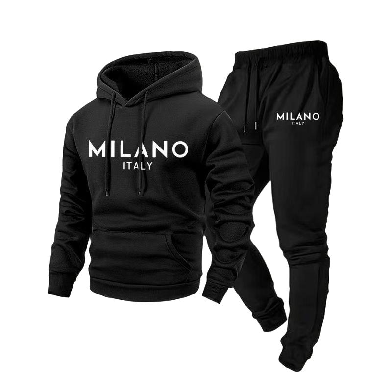 Men's Casual Solid Color Letter-printed Sweatshirt Set, Men's Fleece Hooded Drawstring Sweatshirt And Sweatpants Two-piece Set