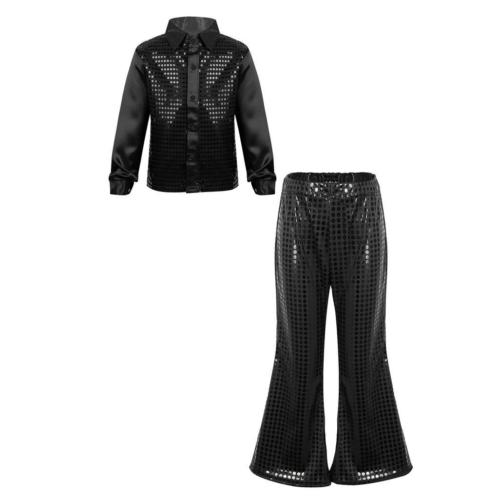 Boys Sequined Long Sleeve Spread Collar Shirt Elastic Waistband Flared Pants Jazz Outfit