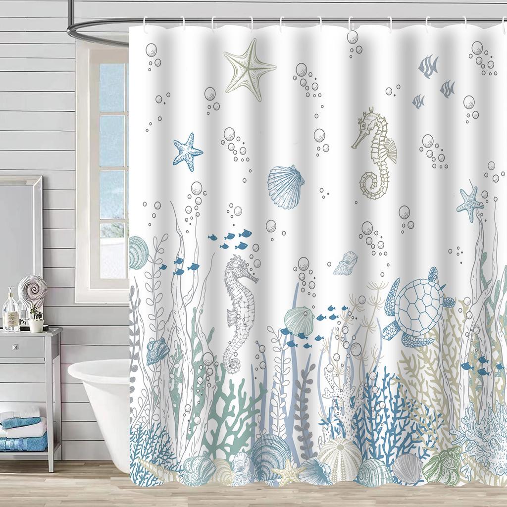 Shower Curtain Waterproof And Mildew-Proof Digital Printing Starfish Shell Shower Curtain Bathroom Partition Curtain Free Punching