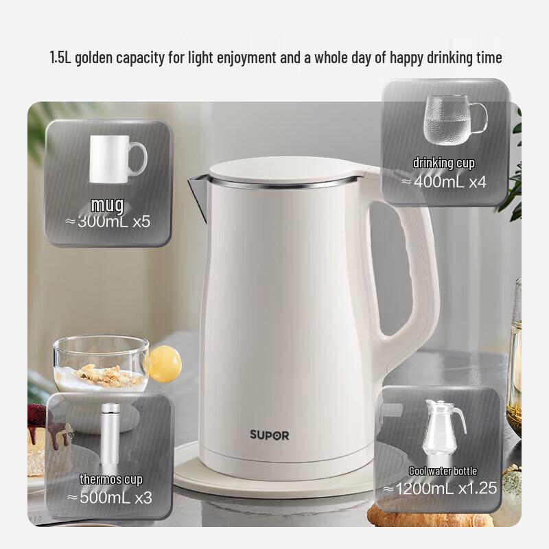 SUPOR 1.5L 304 Stainless Steel Double-Layer Electric Kettle