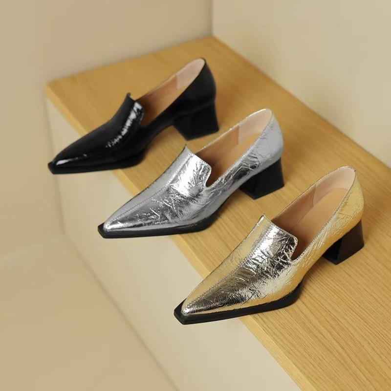 Spring New Style Coarse Heel Shoes Women's Pointed Head Deep Mouth Leather Waterproof Non-slip Low-top Shoes Zapatos Mujer