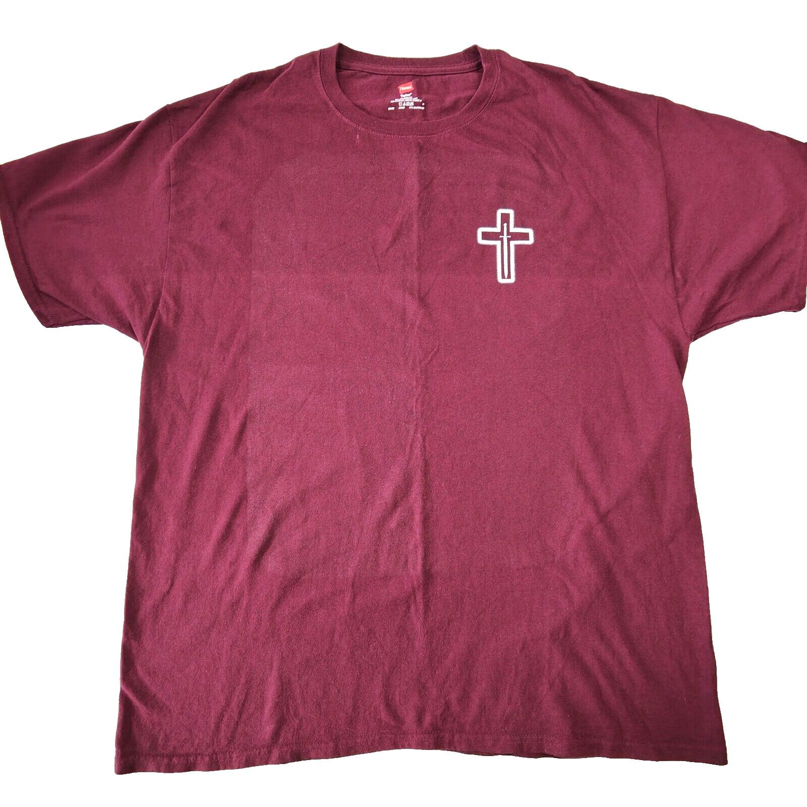 Hanes Mens XL Maroon Graphic T-Shirt Cross Dagger Knife Logo Tagless Heavyweight M
