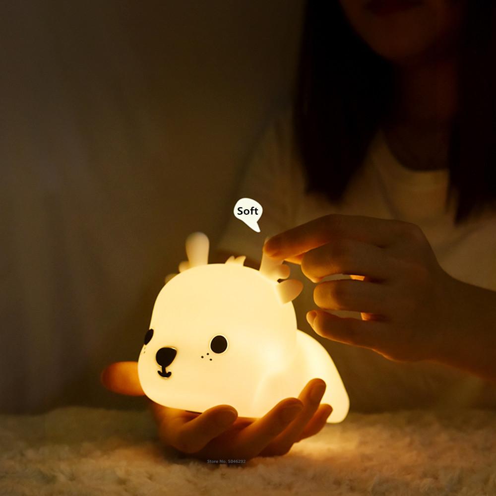 Cartoon Deer LED Night Light Touch Sensor Colorful USB Rechargeable Timer Bedroom Silicone Sleeping Lamp