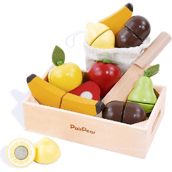 PairPear Wooden Play Food Cutting Seafood Set - Toddlers Wooden Toy Food Pretend Play Kitchen Accessories for 3 Years Old Boys Girls Early Education Fruits