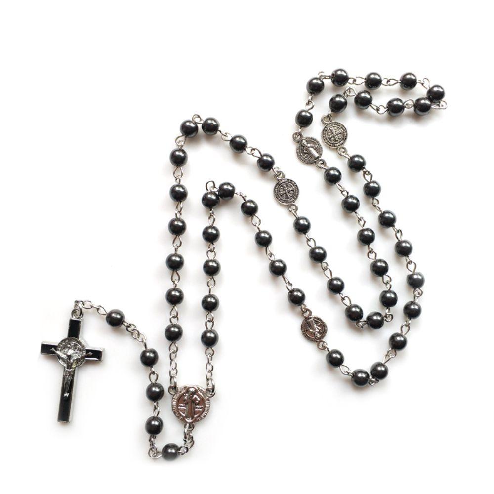 Long Cross Chain Vintage Crucifix Pendant Chain Black Gallstone Rosary Necklace  Women