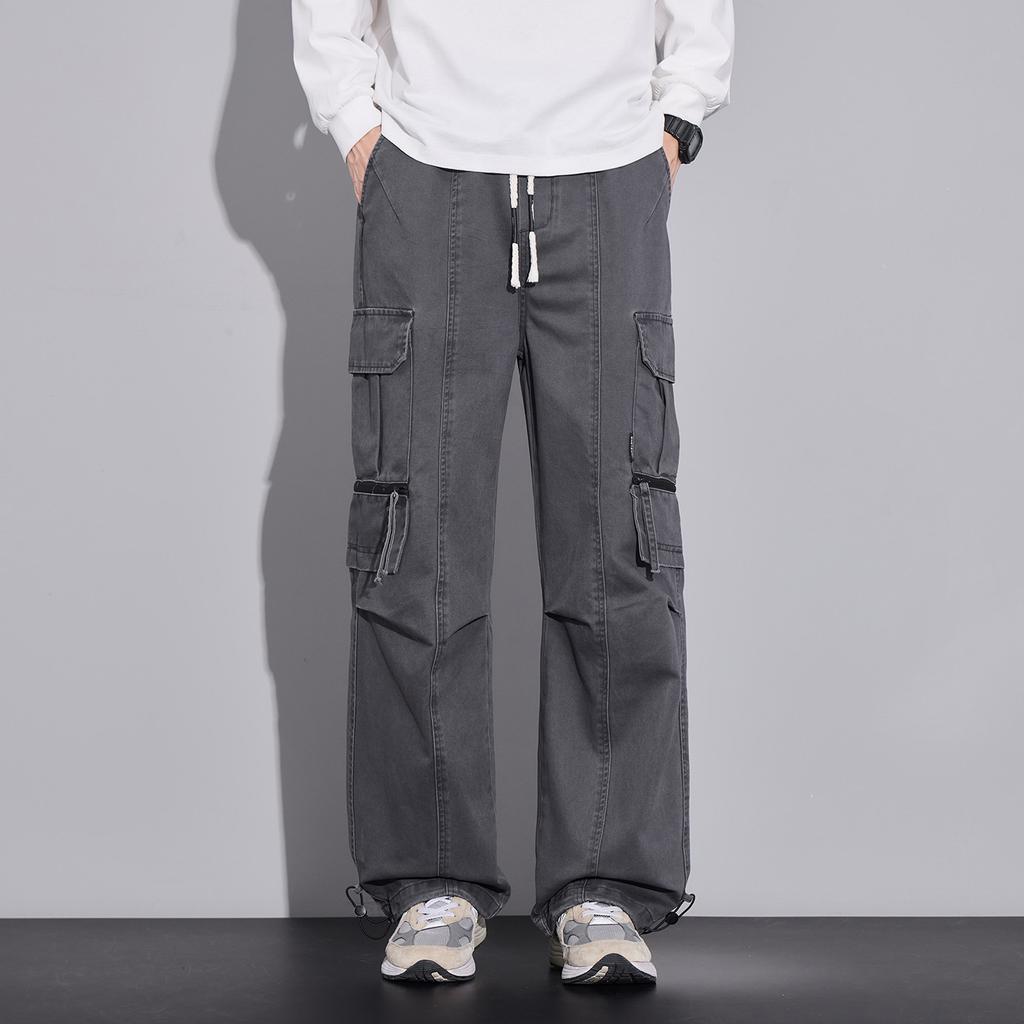 American retro trendy brand pure cotton tooling casual pants men's trend loose wide legs drape elastic waist long pants men