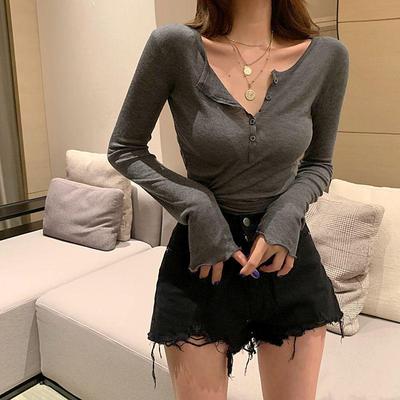 Top da donna slim a maniche lunghe con scollo a U - Stile casual primaverile da ragazza hot