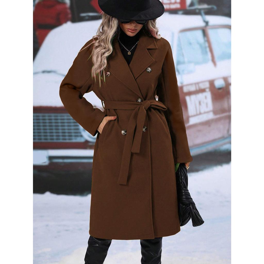 2025 Autumn Winter Women's Double-Breasted Wool Blend Trench Coat, Belted Waist Elegant Overcoat with Notched Lapel, Classic Office Chic Outerwear