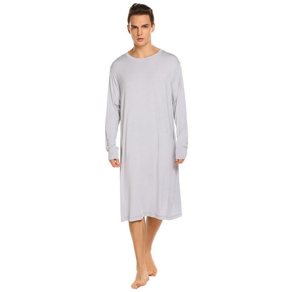 Men Casual Solid O Neck Long Sleeve Sleep Shirt Nightshirt Sleepwear