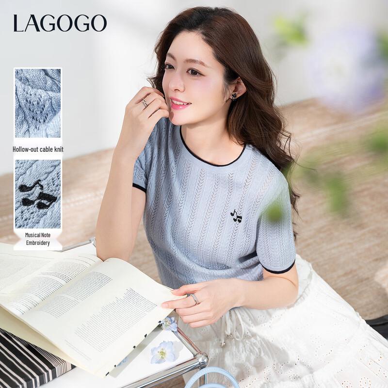LAGOGO Women s Embroidered Knit Short Sleeve Top S