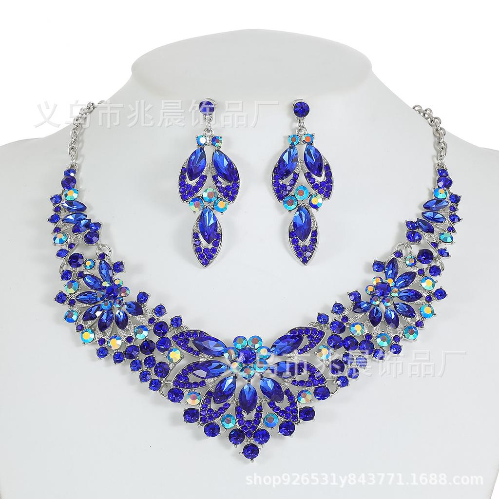 Dress Jewelry Direct Sales European and American Necklaces Earrings Two-piece Set Colorful Flowers Bride Retro High-end Design Sense