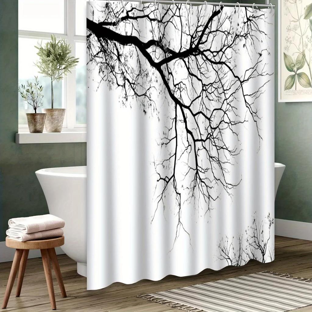 Abstract Tree Branch Shower Curtain - Black & White Artistic Design, 72"x72", Includes 12 Hooks, Fall/Winter Decor